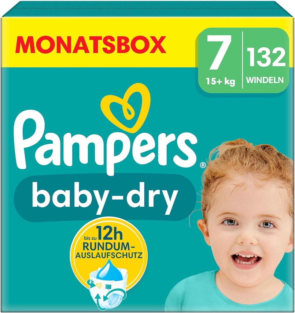 Scutece Pampers mărimea 7, 132 scutece, 15Kg+ Baby-Dry, până la 100% protecție împotriva scurgerilor toată noaptea