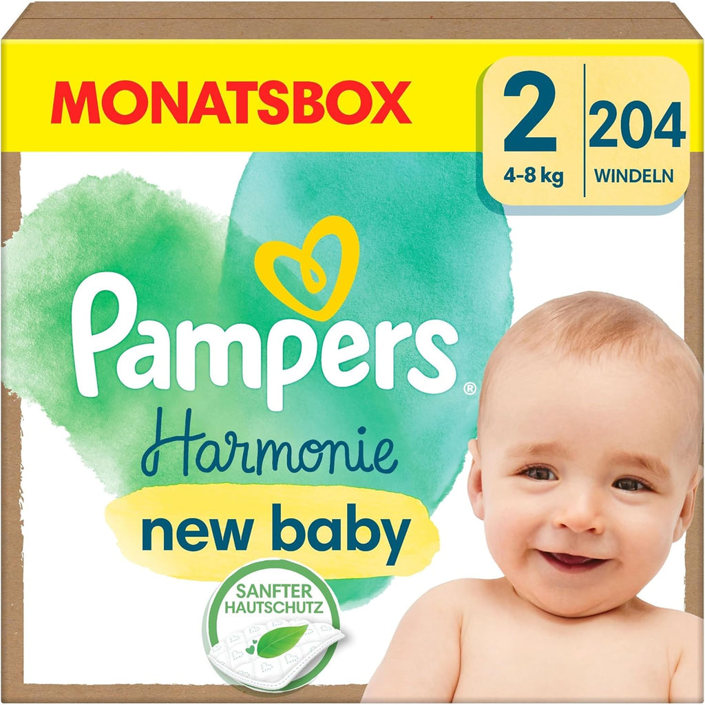 Pampers Scutece pentru copii mărimea 2 (4-8 kg) Harmony, Protecție delicată a pielii și ingrediente pe bază de plante, 204 bucăți