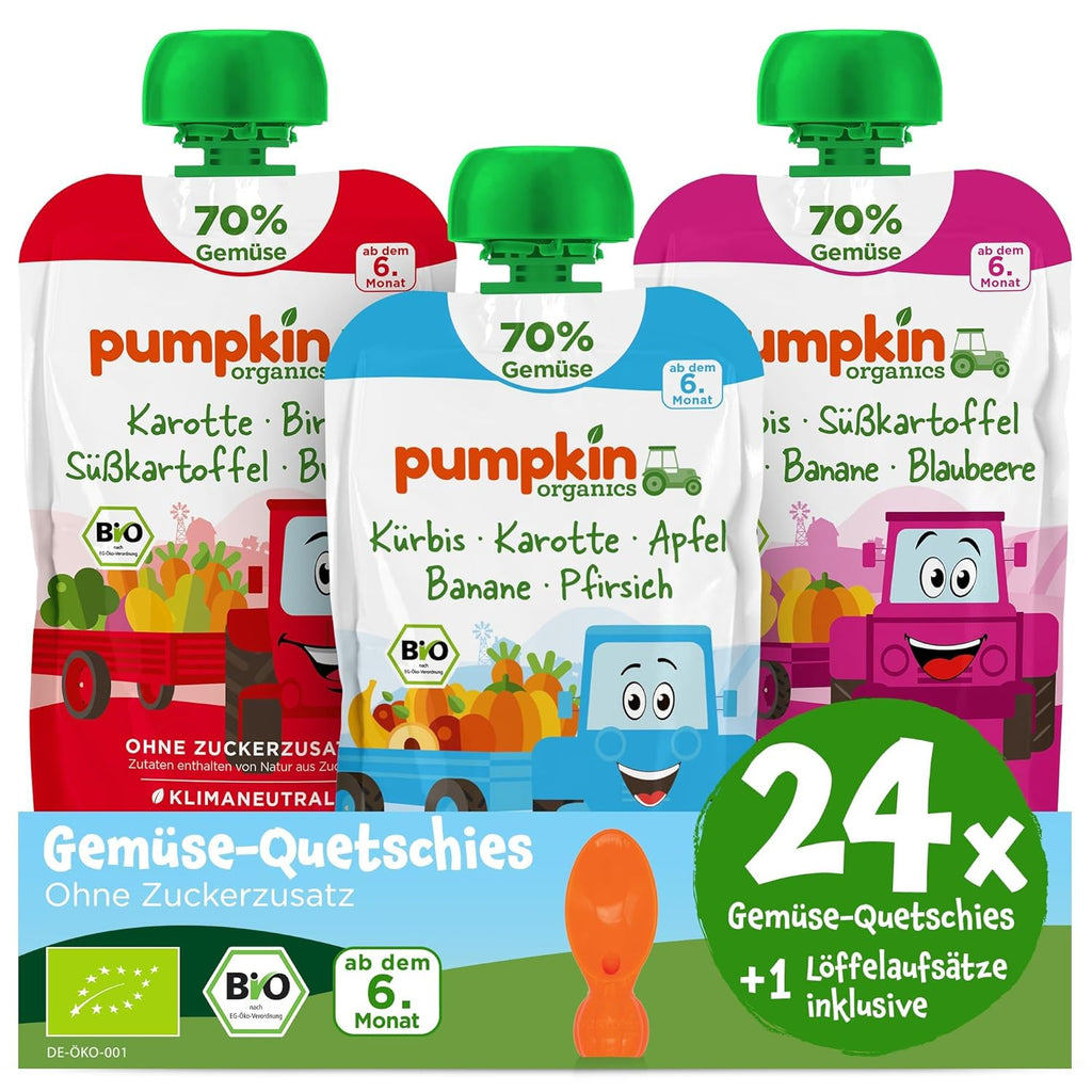 Pumpkin Organics 24Pack, piure de legume organice, fără zahăr adăugat, pentru bebeluși de la 6 luni, 24 x 100 grame