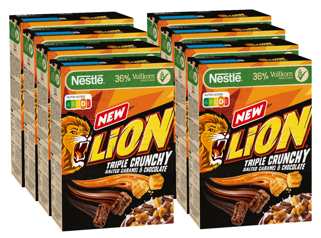 Lion Triple Crunchy, cereale crocante pentru micul dejun în formă de churros cu ciocolată cu lapte și caramel sărat, pachet 8 x 300 grame