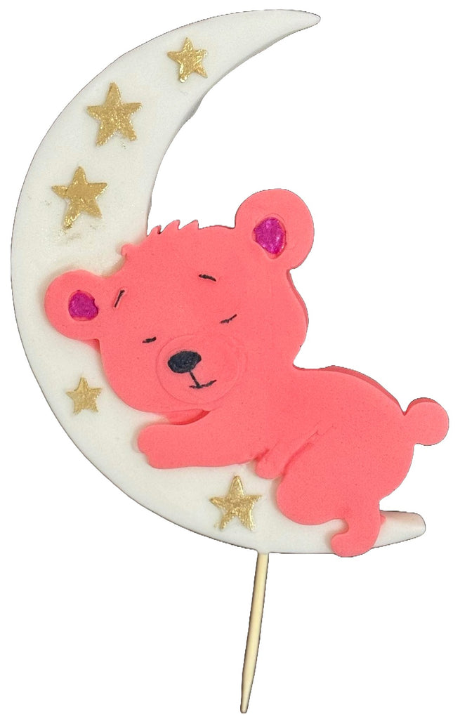 Decoratiune comestibila din zahar, Ursulet roz pe luna - Nati Shop