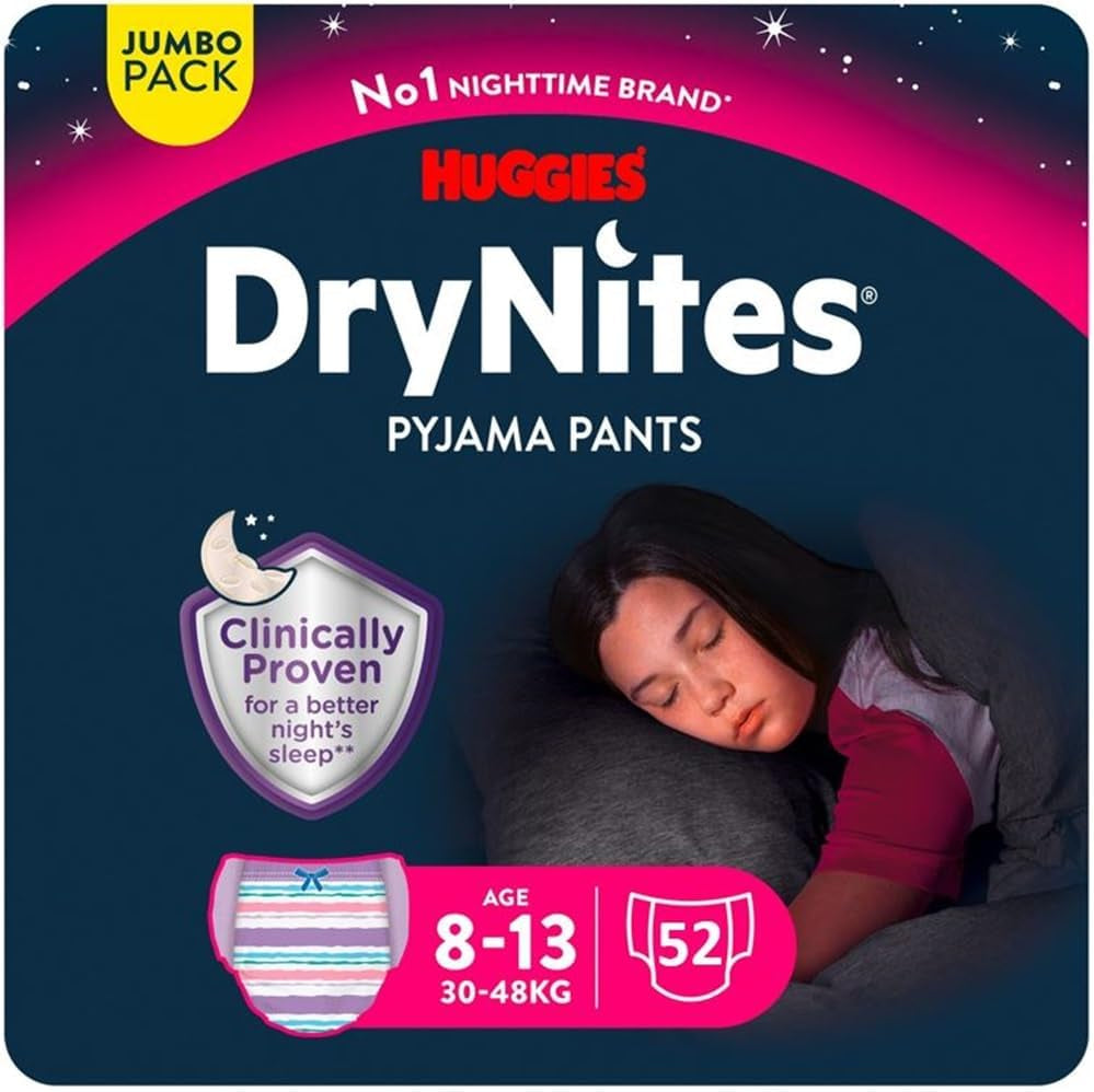 Huggies Drynites Scutece de noapte foarte absorbante, pentru fete 8-13 ani (30-48 kg), 52 buc (4 x 13)